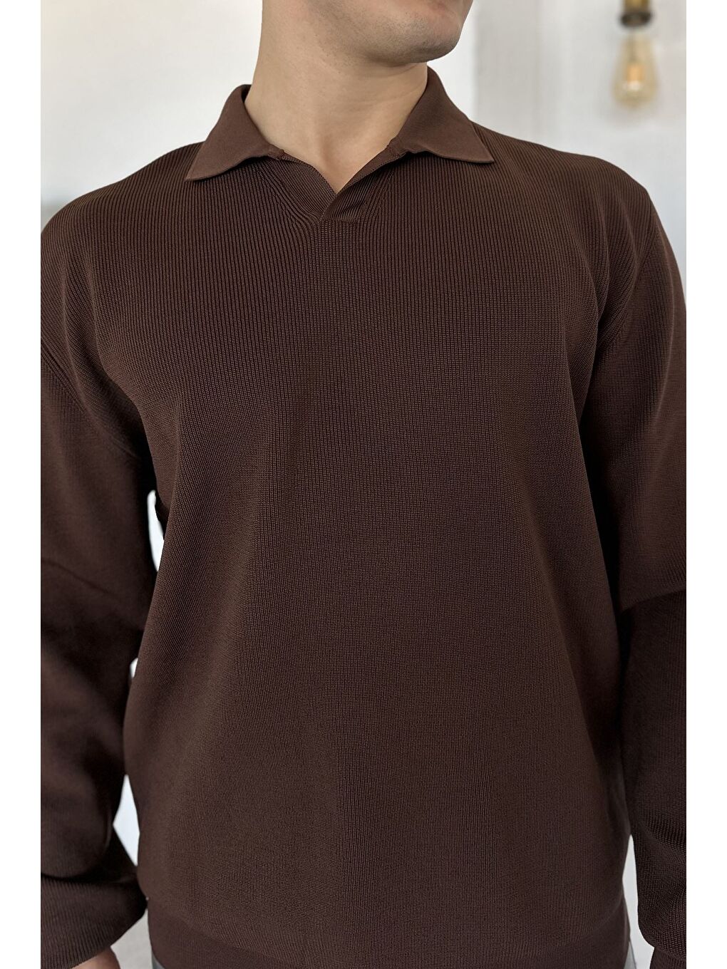 Kahverengi Gömlek Yaka Erkek Triko Kazak-3