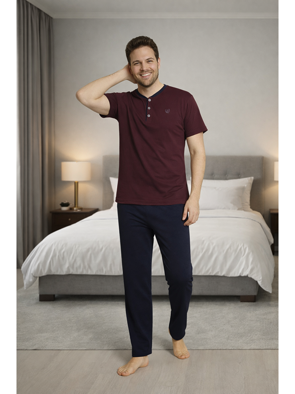 Mürdüm Erkek %100 Doğal Pamuk Kısa Kollu Düğmeli Yüksek Kaliteli Pijama Takımı-1