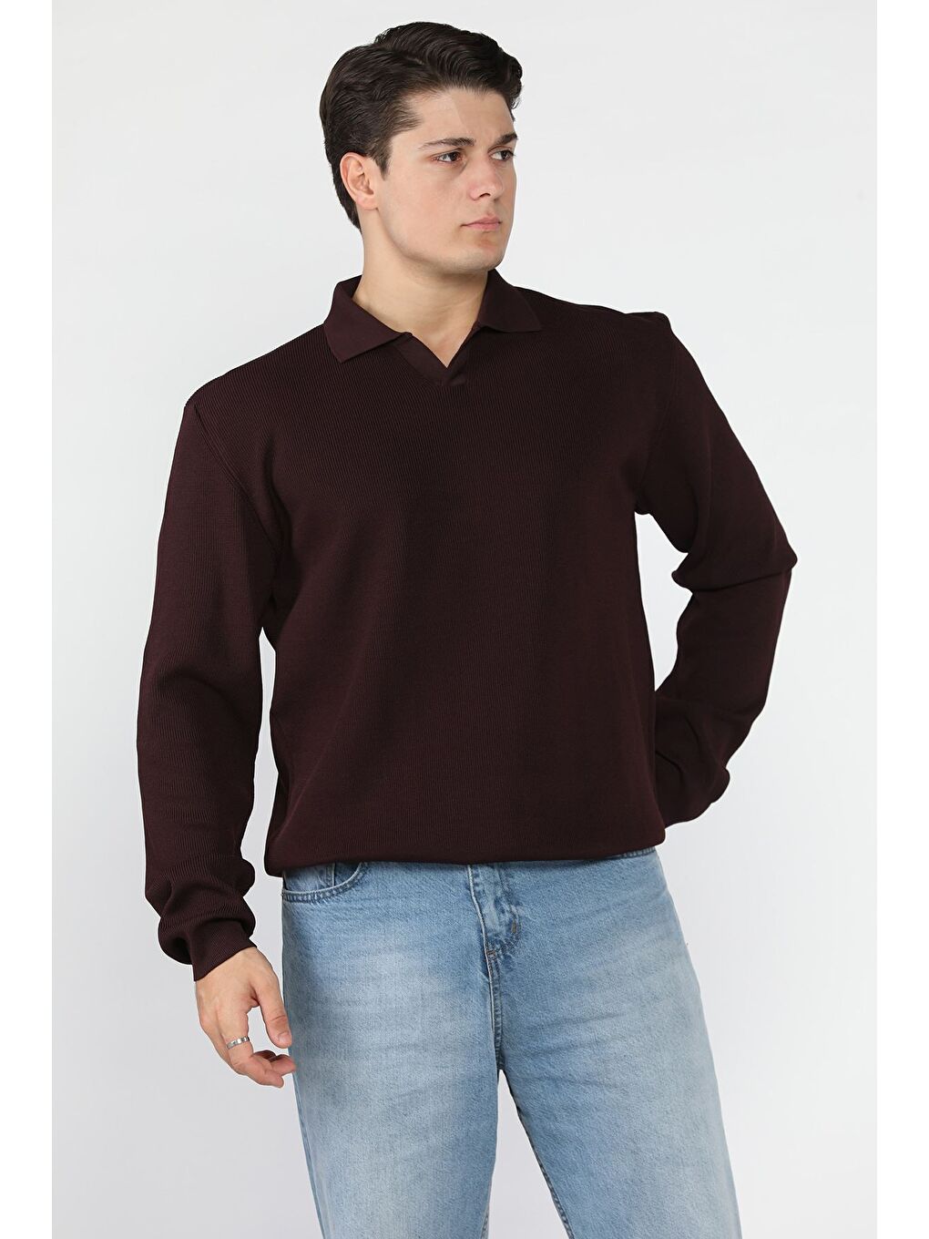 Bordo Gömlek Yaka Erkek Triko Kazak-1