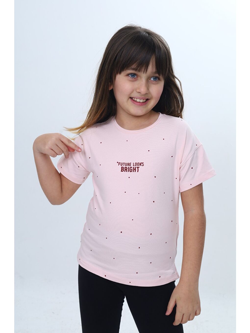 Pembe Kız Çocuk Bisiklet Yaka Düşük Omuz Kısa Kollu Baskılı Tişört 24983