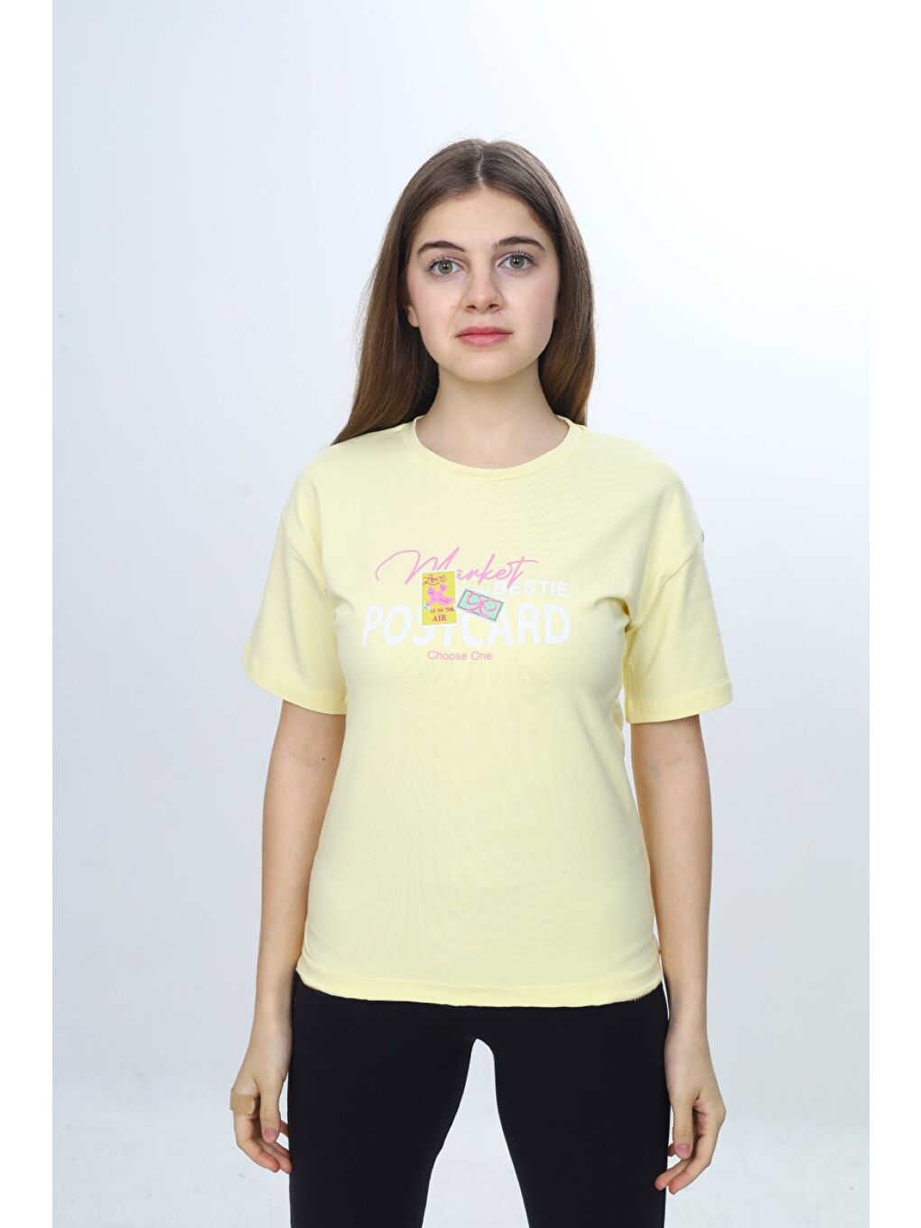 Sarı Kız Çocuk Bisiklet Yaka Düşük Omuz Kısa Kollu Baskılı Tişört 24971