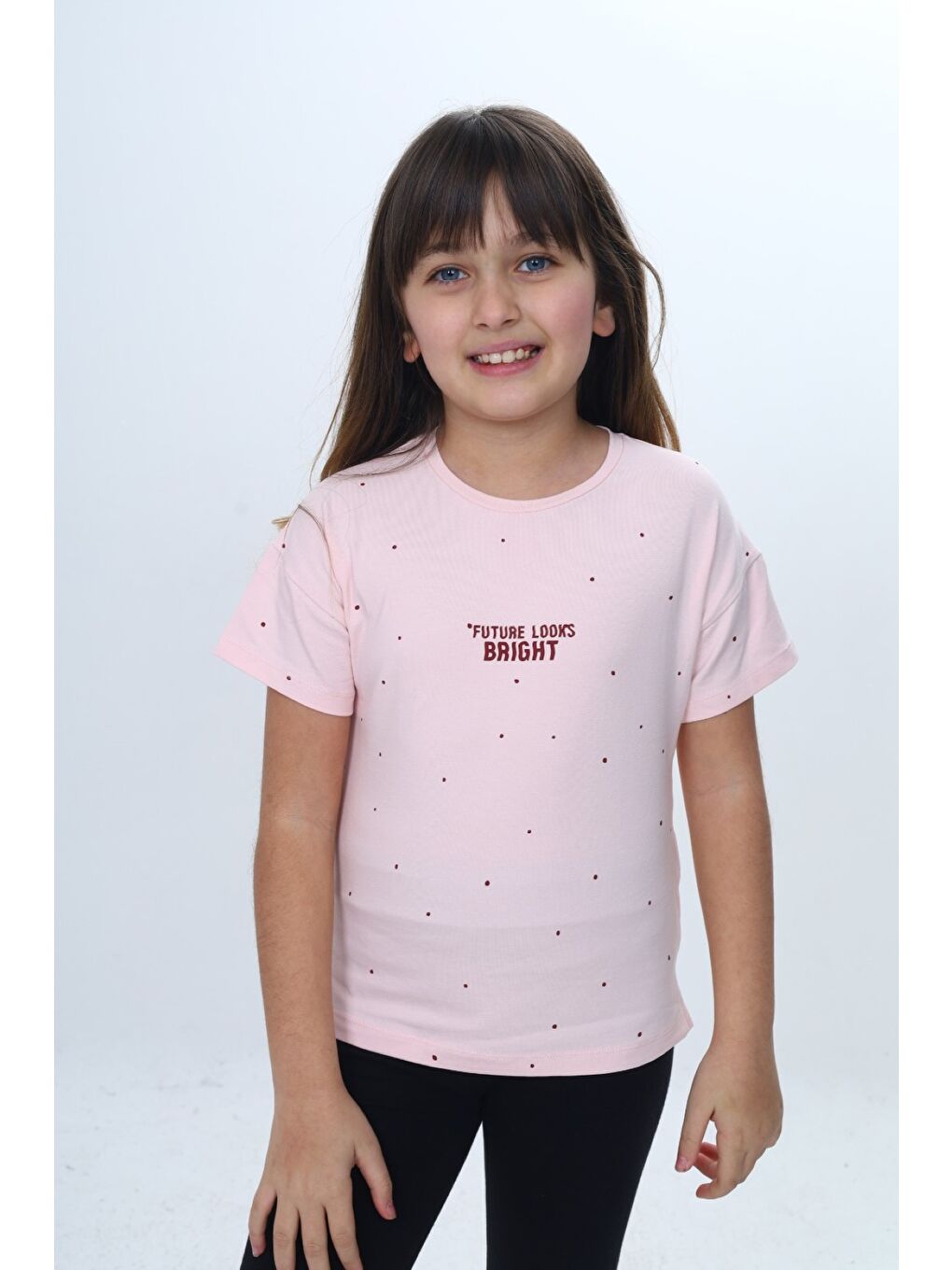 Pembe Kız Çocuk Bisiklet Yaka Düşük Omuz Kısa Kollu Baskılı Tişört 24983-1