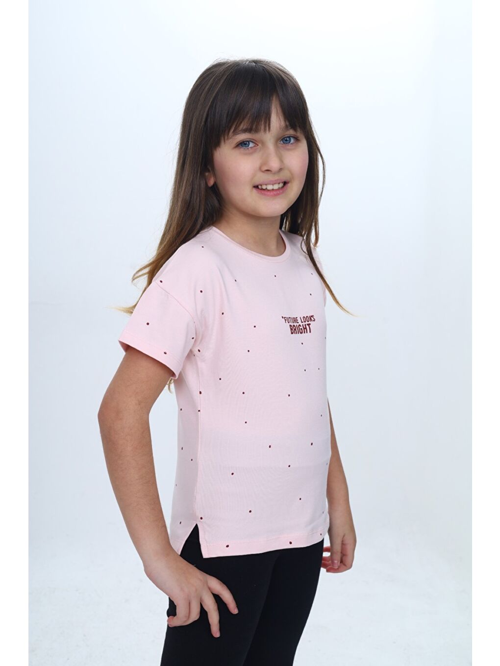 Pembe Kız Çocuk Bisiklet Yaka Düşük Omuz Kısa Kollu Baskılı Tişört 24983-2