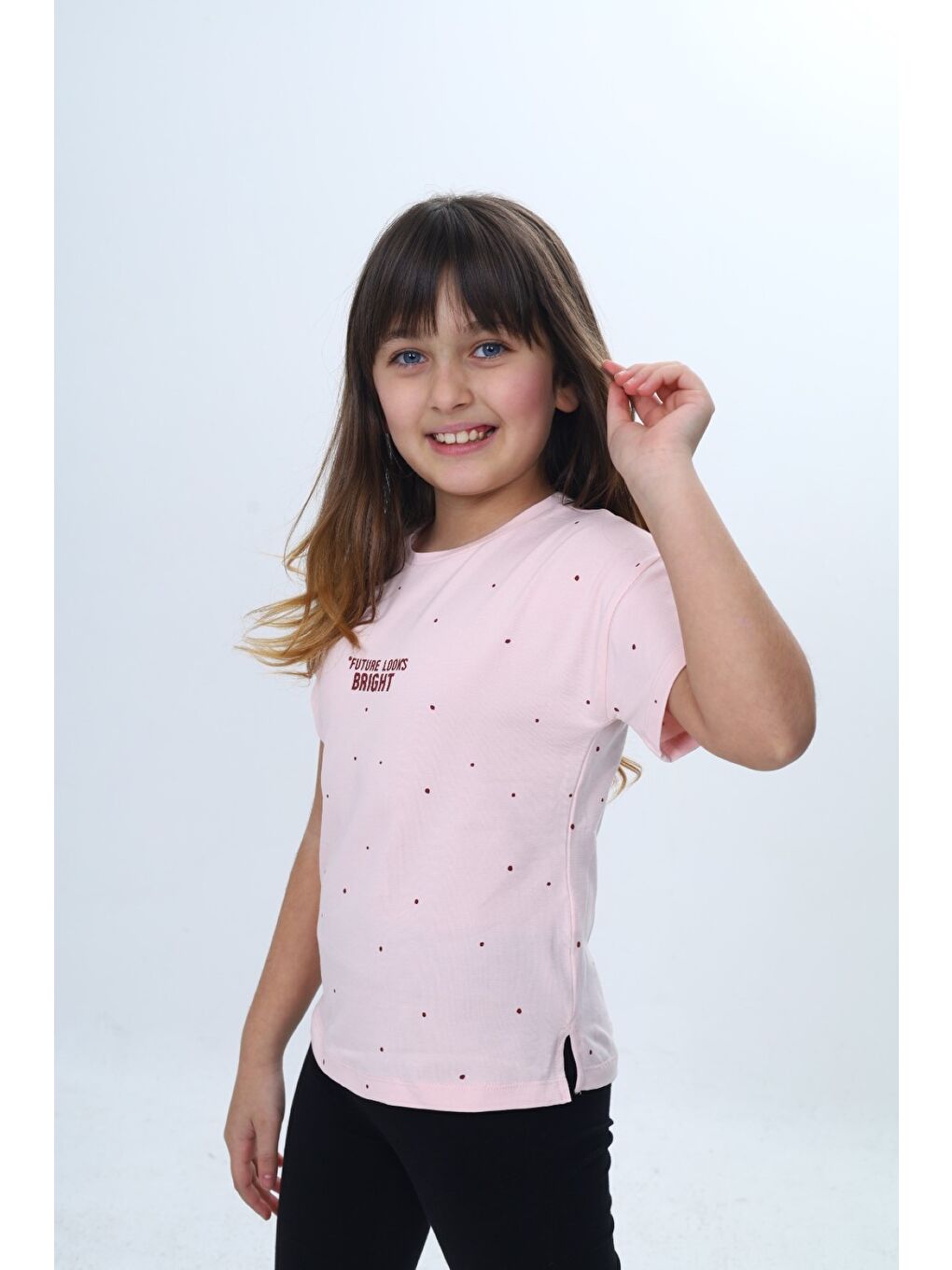 Pembe Kız Çocuk Bisiklet Yaka Düşük Omuz Kısa Kollu Baskılı Tişört 24983-3