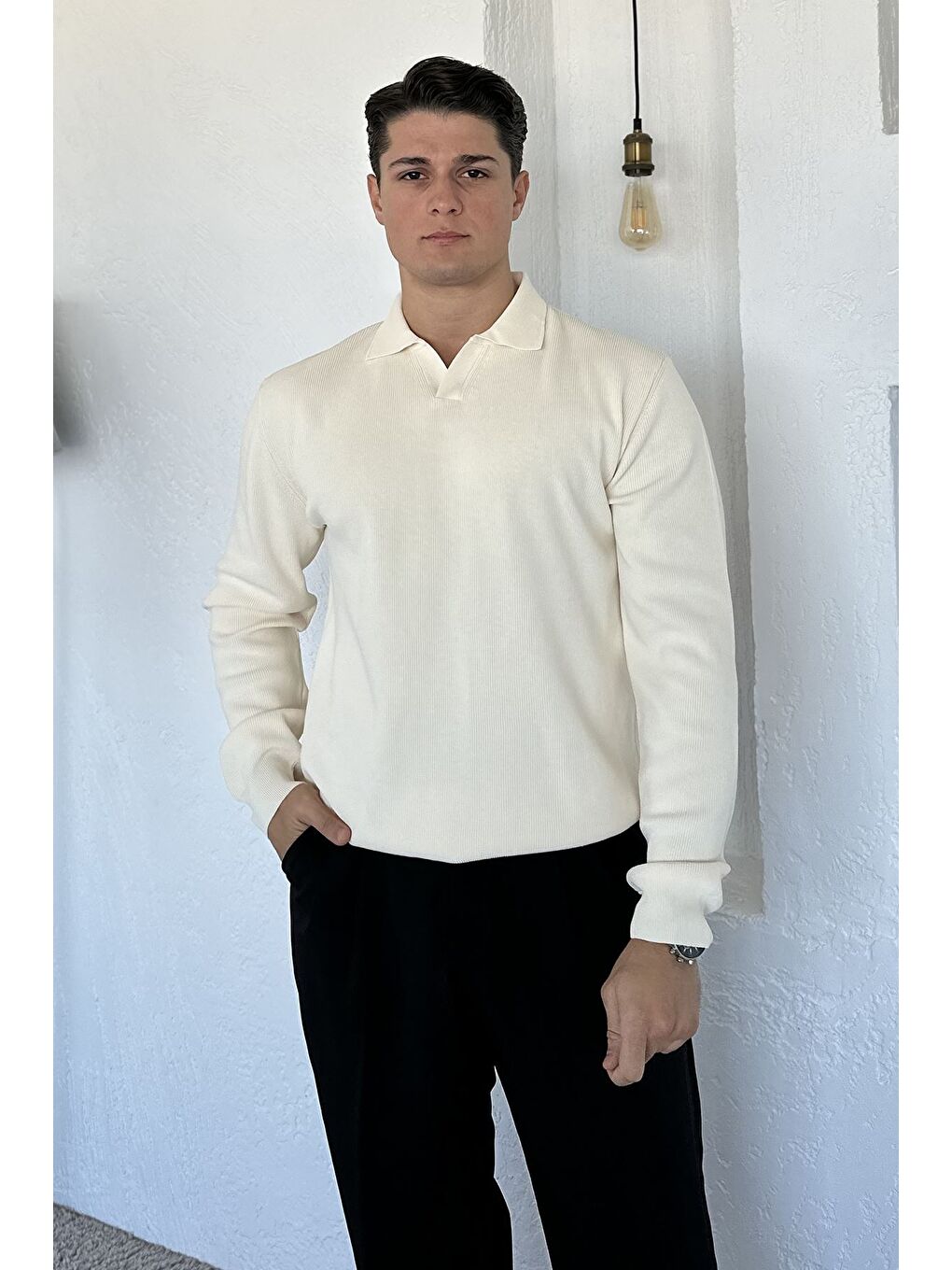Ekru Gömlek Yaka Erkek Triko Kazak-1