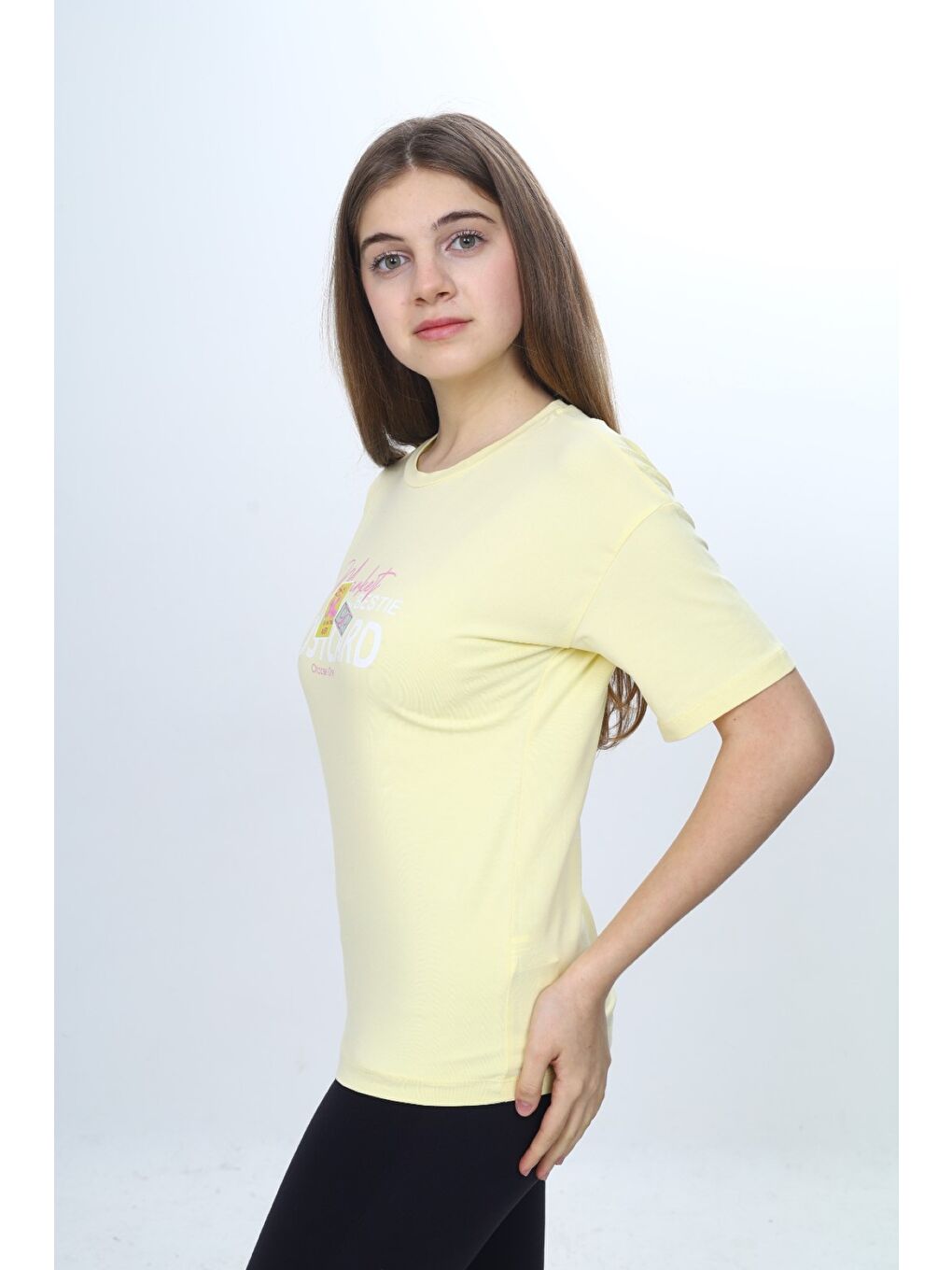 Sarı Kız Çocuk Bisiklet Yaka Düşük Omuz Kısa Kollu Baskılı Tişört 24971-2