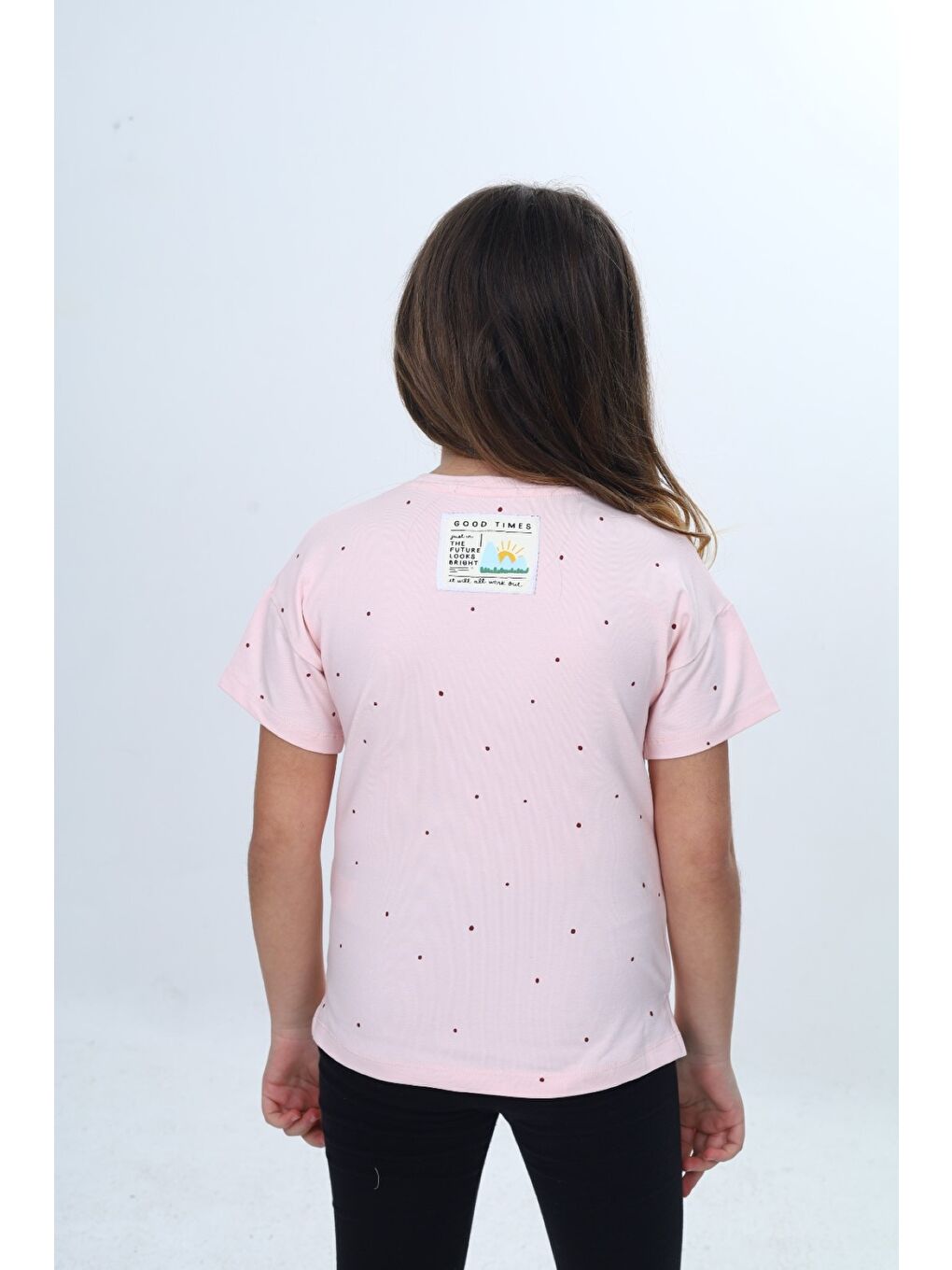 Pembe Kız Çocuk Bisiklet Yaka Düşük Omuz Kısa Kollu Baskılı Tişört 24983-5