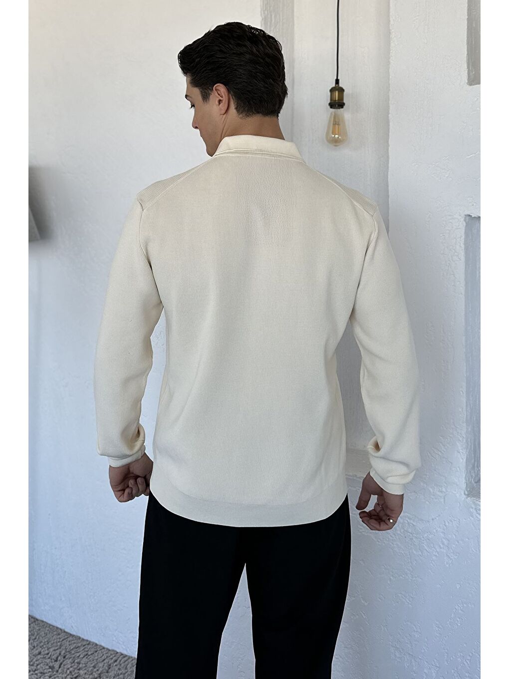 Ekru Gömlek Yaka Erkek Triko Kazak-2