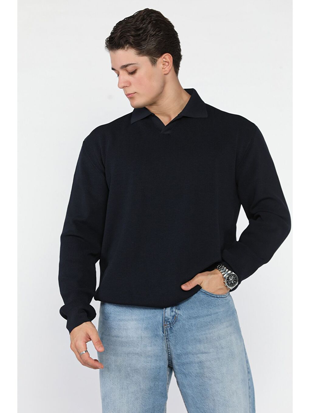 Lacivert Gömlek Yaka Erkek Triko Kazak-1