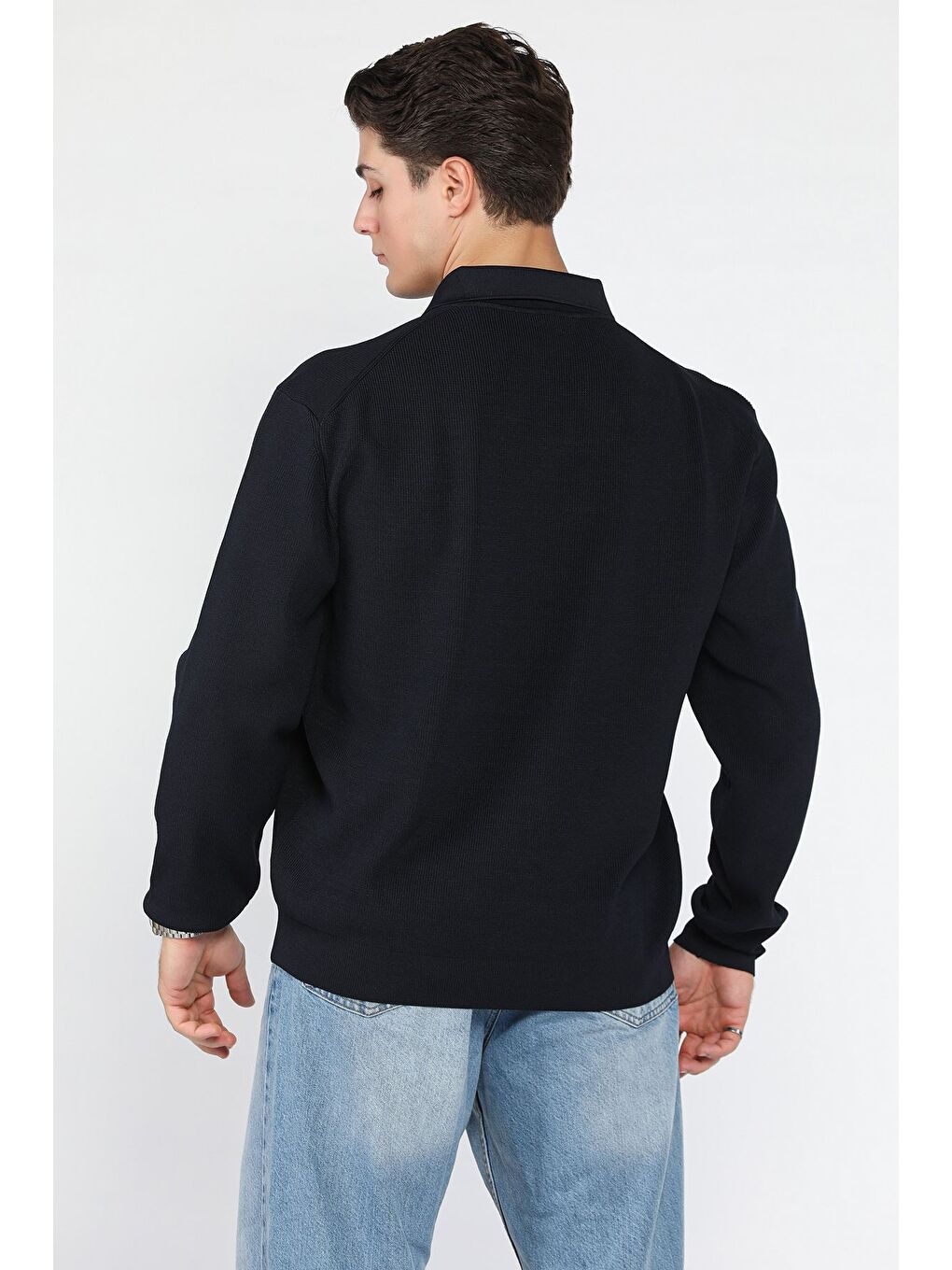 Lacivert Gömlek Yaka Erkek Triko Kazak-2