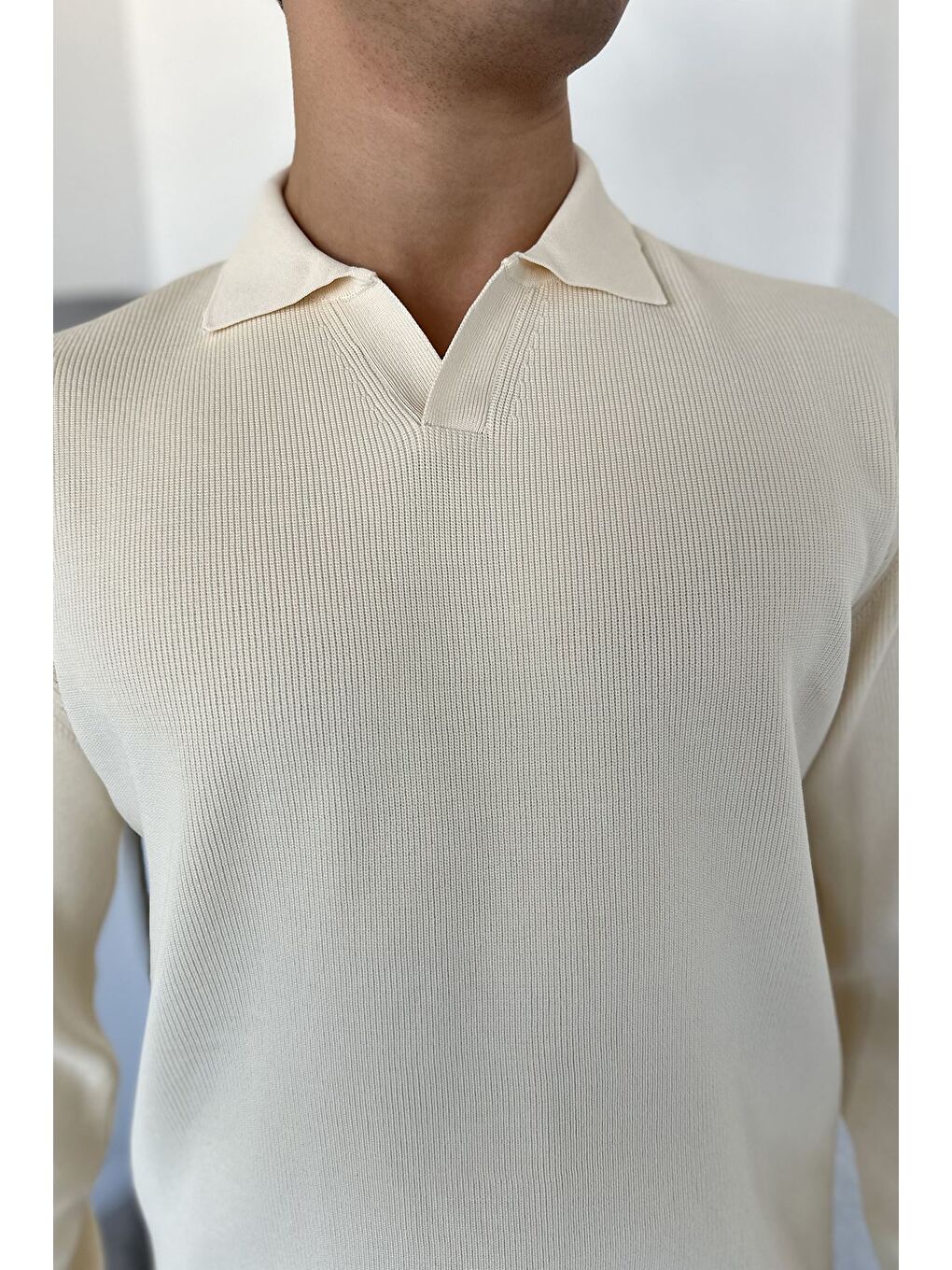 Ekru Gömlek Yaka Erkek Triko Kazak-3