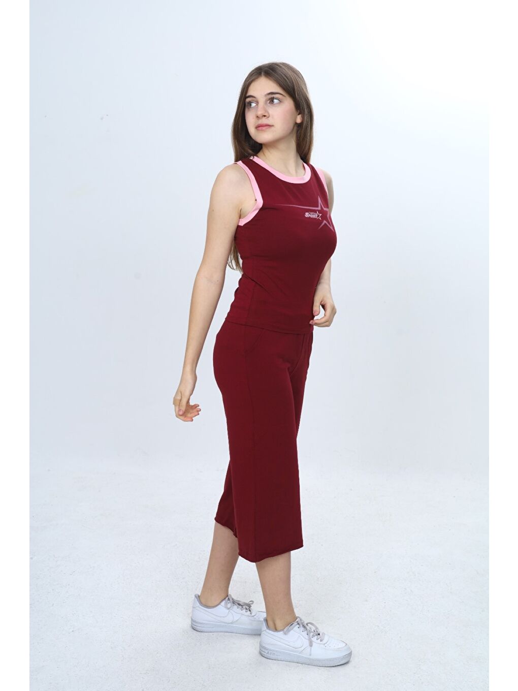 Bordo Kız Çocuk 2'li Takım Bisiklet Yaka Baskılı Atlet & Beli Lastikli Bol Paça Baskılı Kapri 24997-1