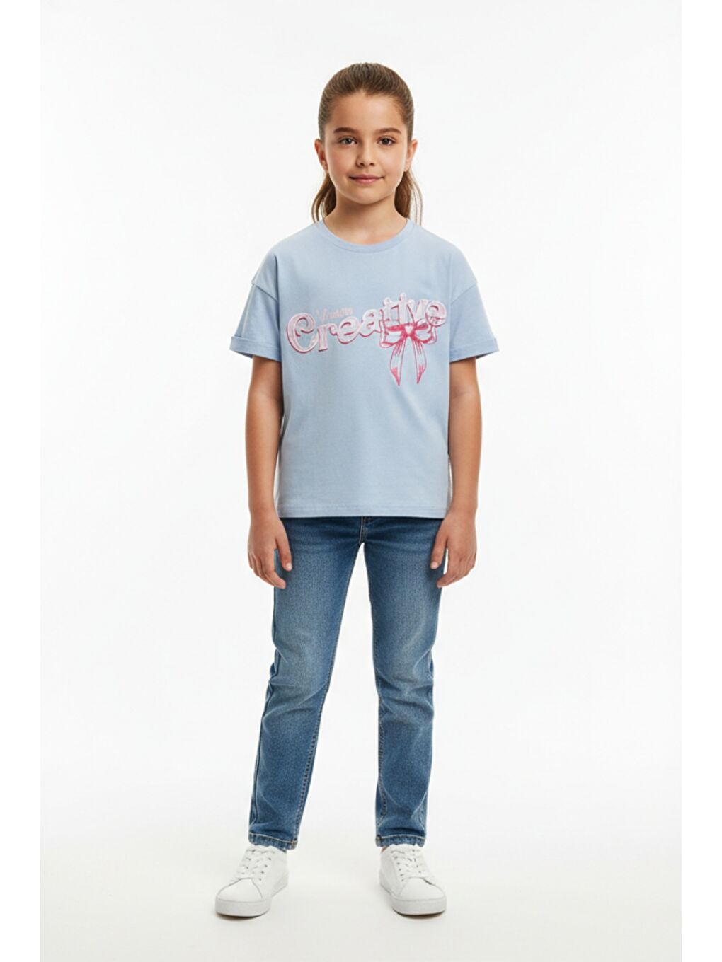 Lila Kız Çocuk Bisiklet Yaka Kısa Kollu Baskılı Tişört 25010