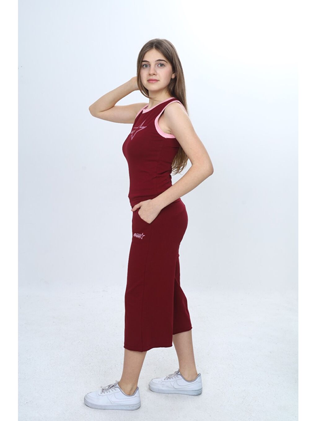 Bordo Kız Çocuk 2'li Takım Bisiklet Yaka Baskılı Atlet & Beli Lastikli Bol Paça Baskılı Kapri 24997-3