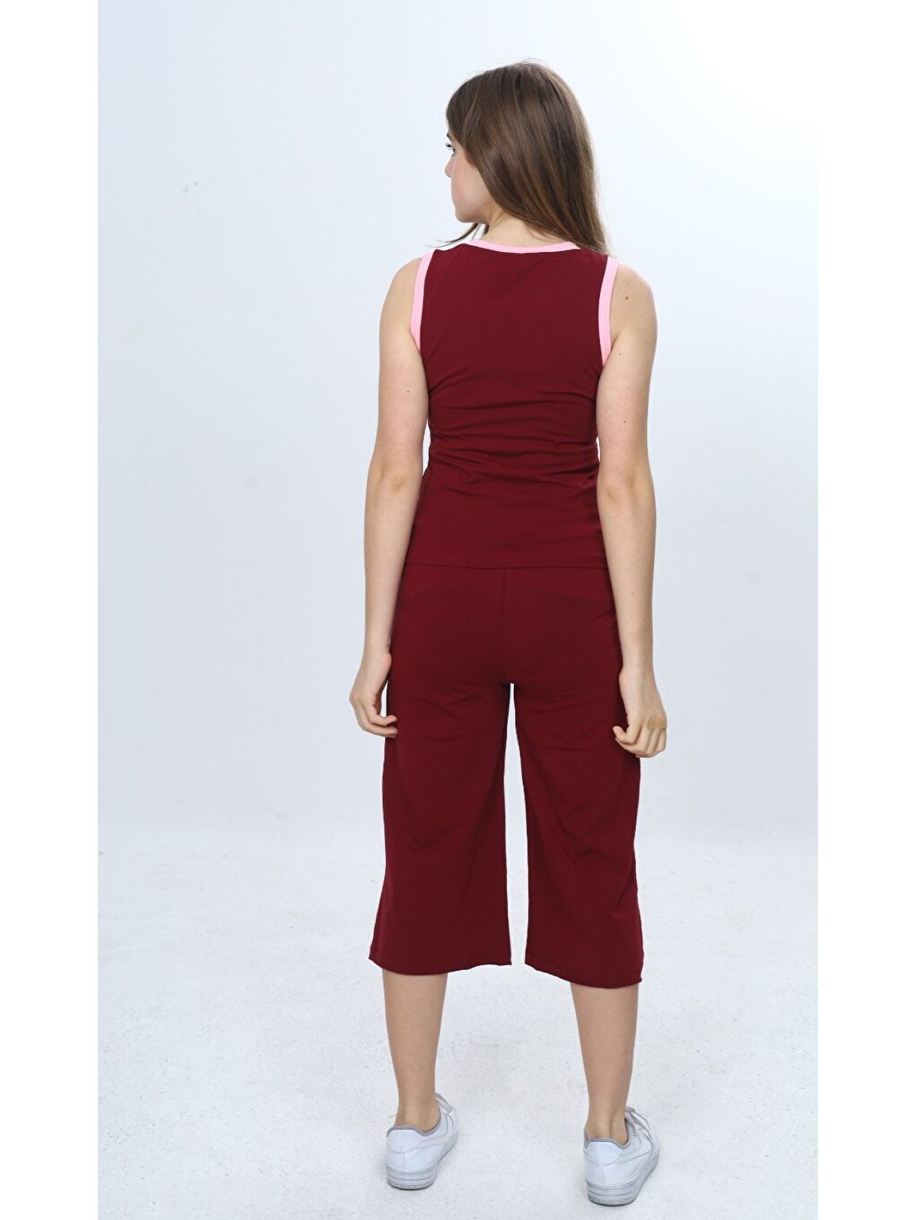 Bordo Kız Çocuk 2'li Takım Bisiklet Yaka Baskılı Atlet & Beli Lastikli Bol Paça Baskılı Kapri 24997-4