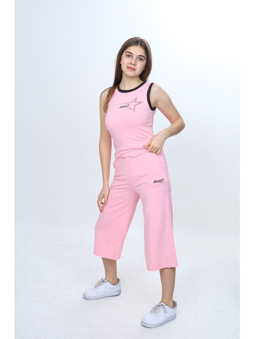 Pembe Kız Çocuk 2'li Takım Bisiklet Yaka Baskılı Atlet & Beli Lastikli Bol Paça Baskılı Kapri 24997-2