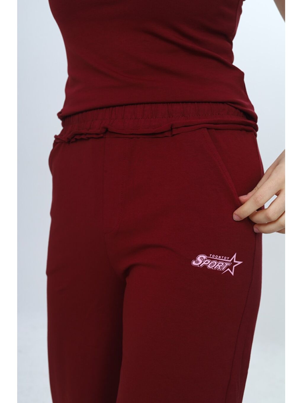 Bordo Kız Çocuk 2'li Takım Bisiklet Yaka Baskılı Atlet & Beli Lastikli Bol Paça Baskılı Kapri 24997-6