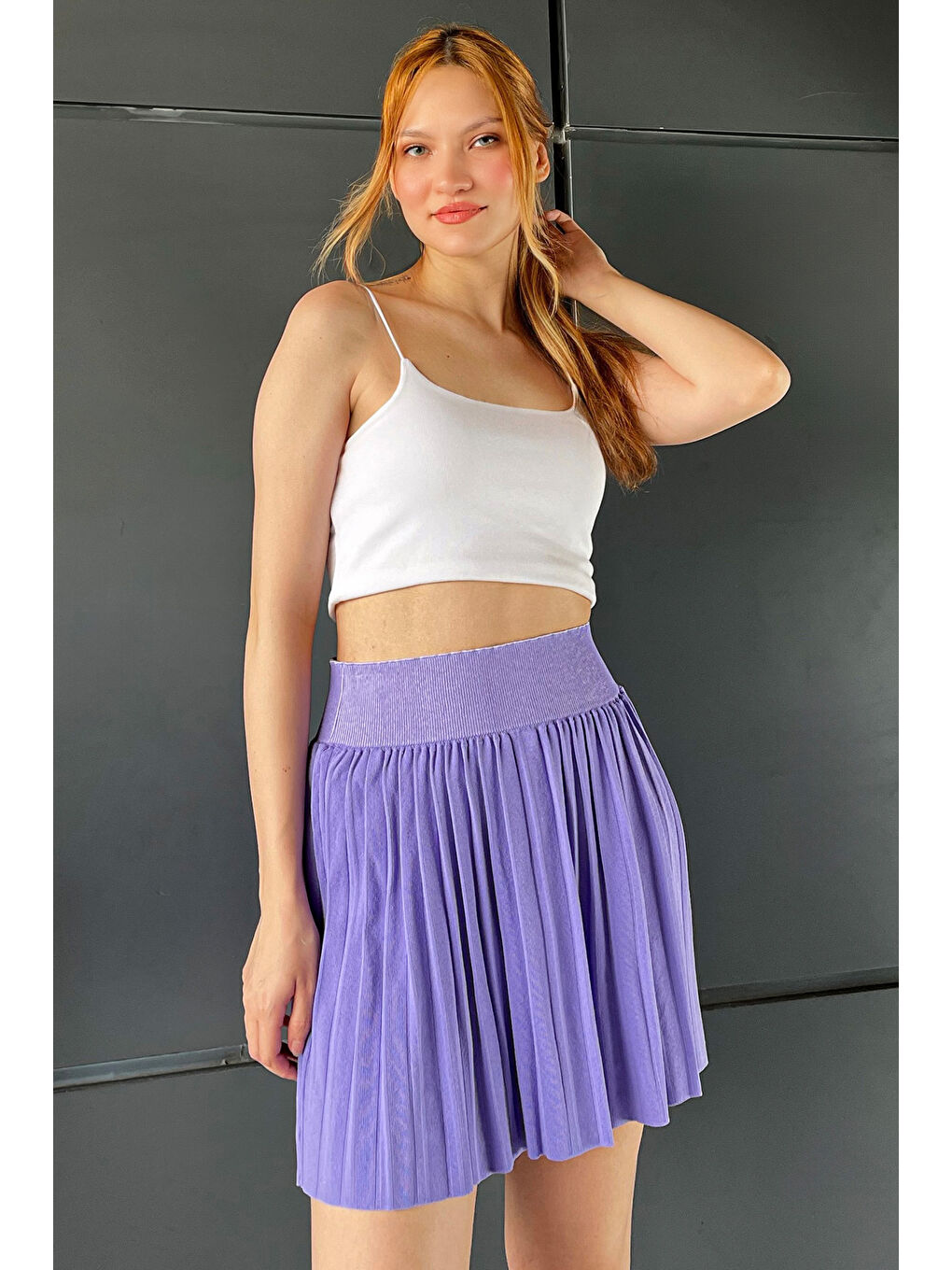 Lila Bel Lastikli Fırfırlı Kadın Mini Etek-1