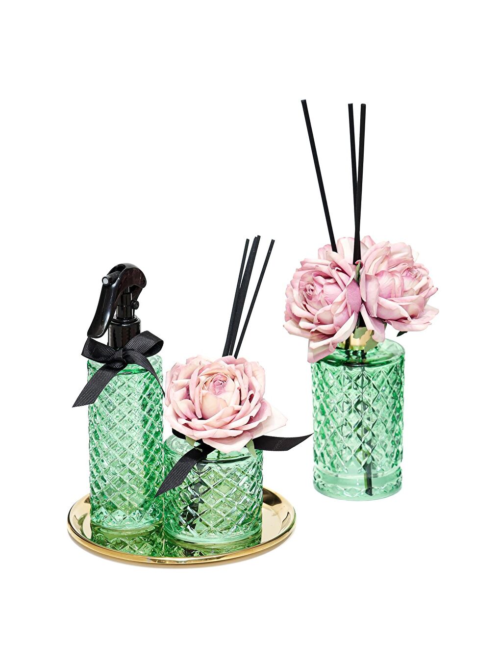 Kristal Gül Serisi- Yeşil Silindir Cam/Hanımeli Oda Kokusu-1
