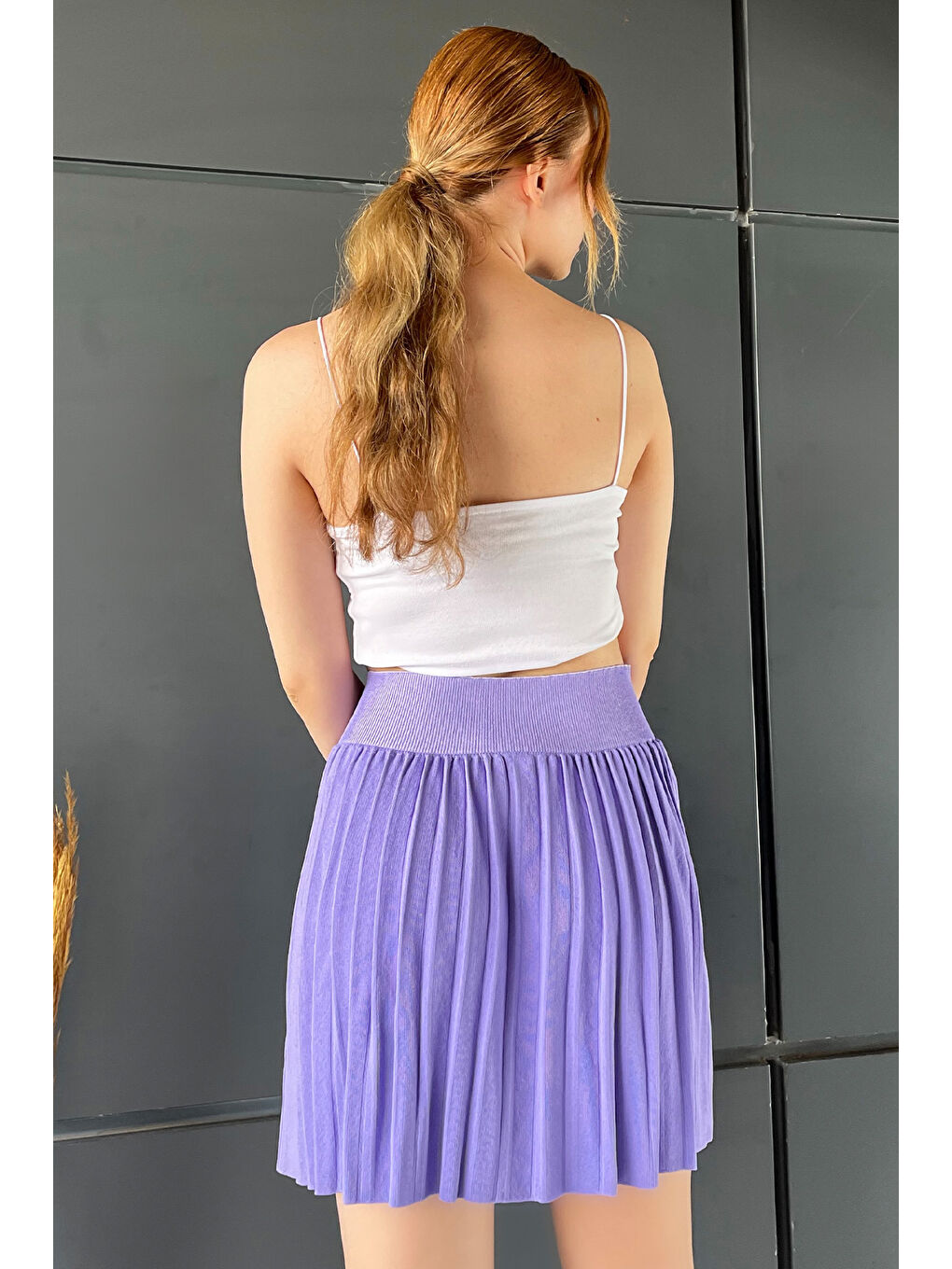 Lila Bel Lastikli Fırfırlı Kadın Mini Etek-3