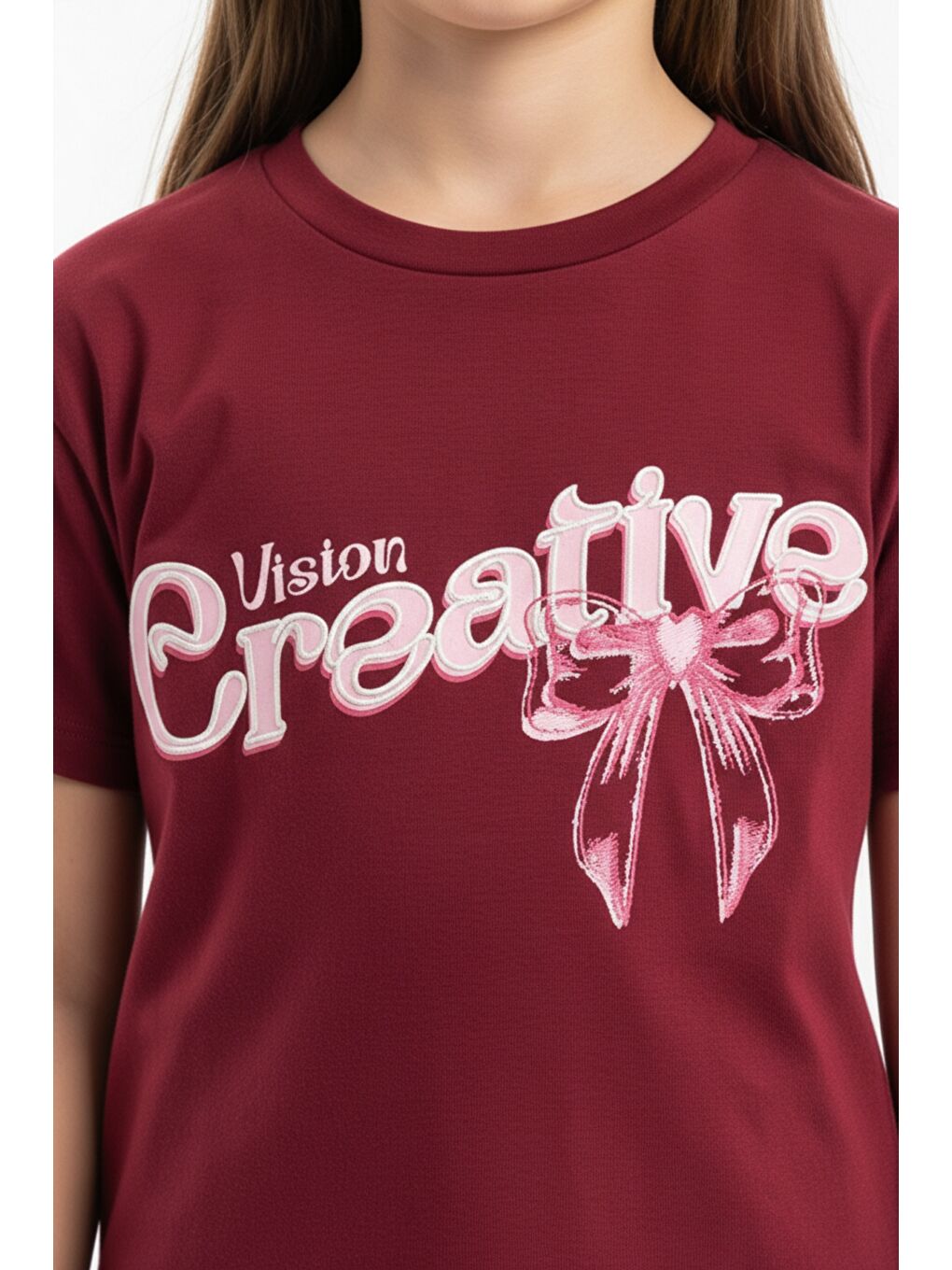 Bordo Kız Çocuk Bisiklet Yaka Kısa Kollu Baskılı Tişört 25010-3