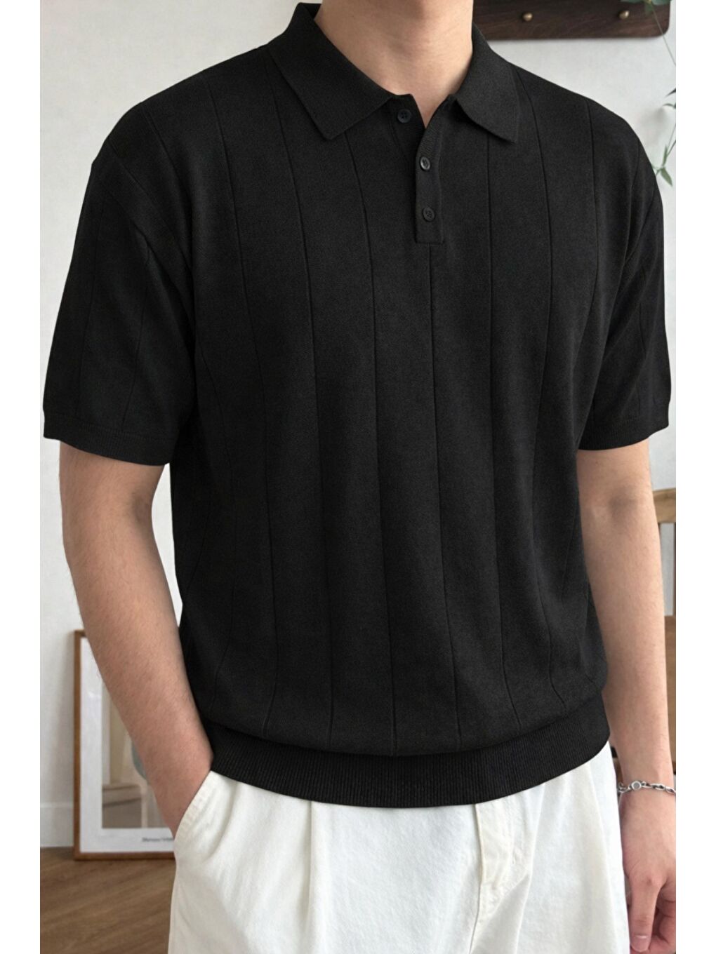 Siyah Erkek Düğmeli Polo Yaka Tişört Kısa Kollu Fitilli Pamuklu Triko