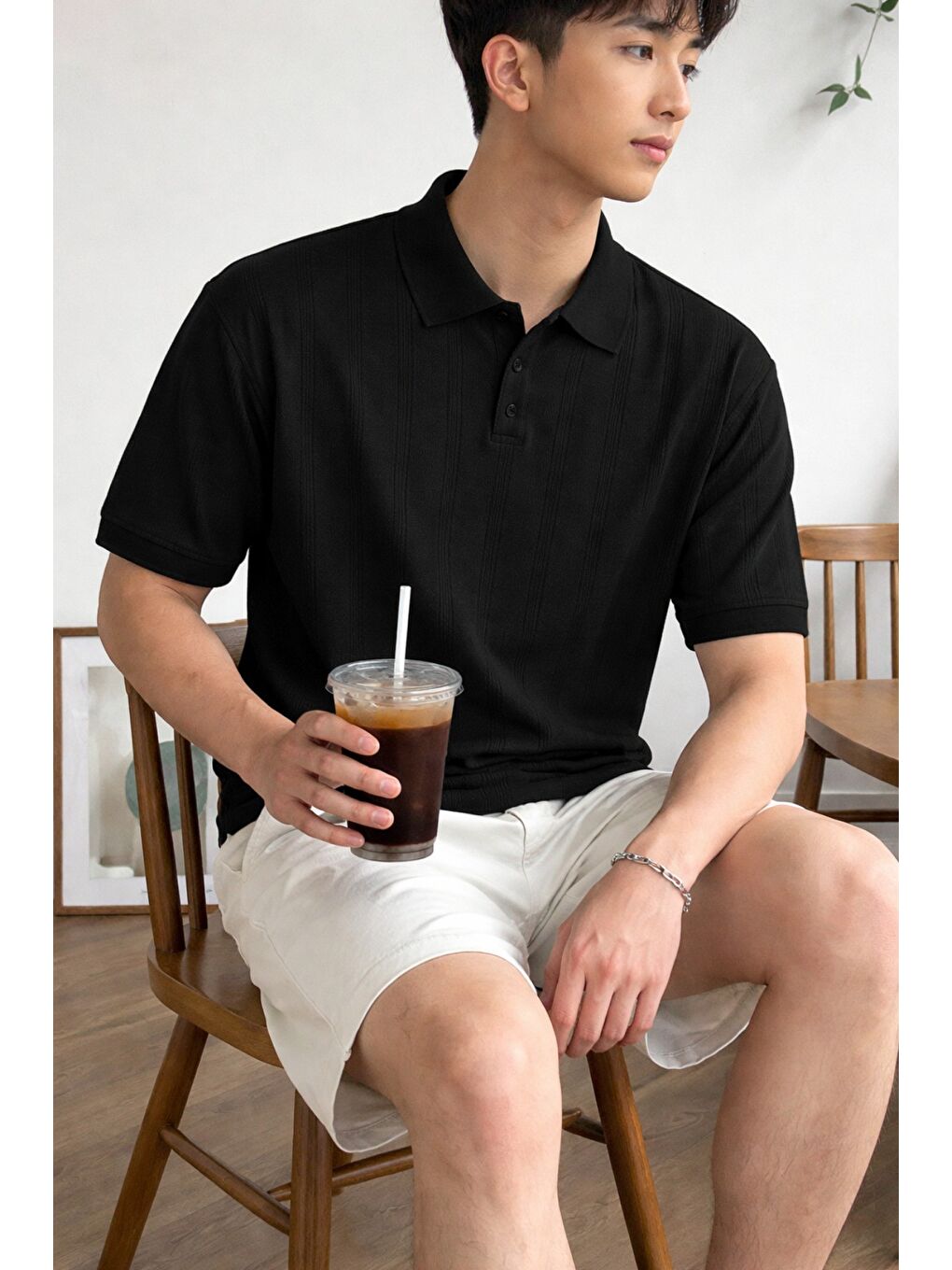 Siyah Erkek Düğmeli Polo Yaka Tişört Kısa Kollu Fitilli Pamuklu Triko-1