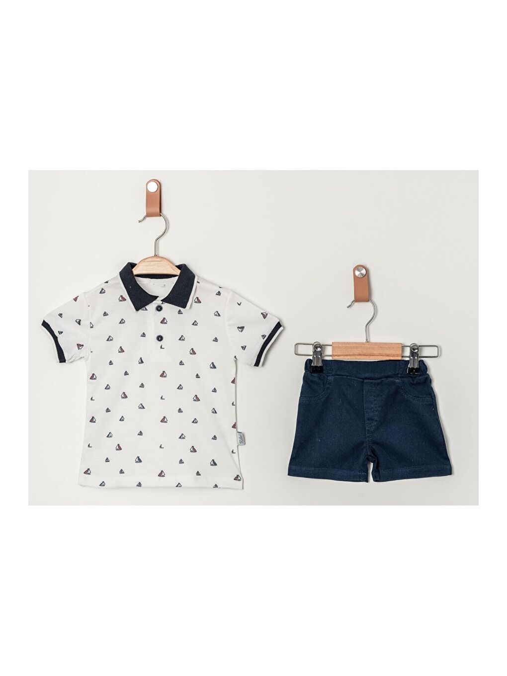 Lacivert Tarz Lakos Yelken Desenli Belden Ayarlanabilir Kısa Kollu Şortlu 2'li Takım-1