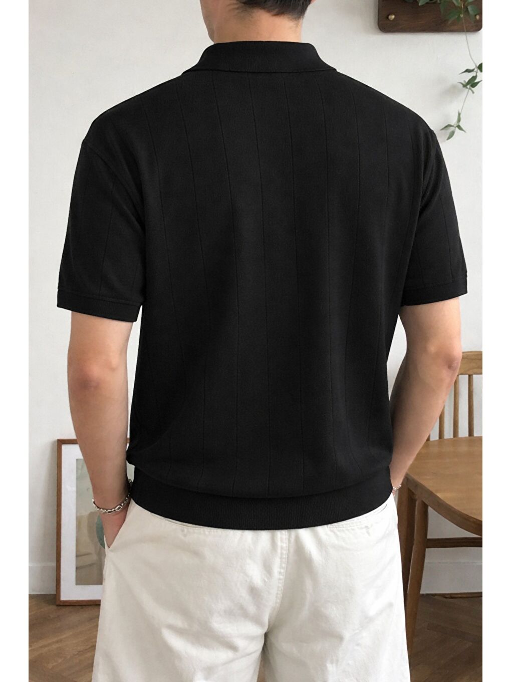 Siyah Erkek Düğmeli Polo Yaka Tişört Kısa Kollu Fitilli Pamuklu Triko-2