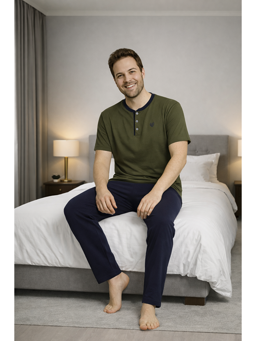 Haki Erkek %100 Doğal Pamuk Kısa Kollu Düğmeli Yüksek Kaliteli Pijama Takımı-2