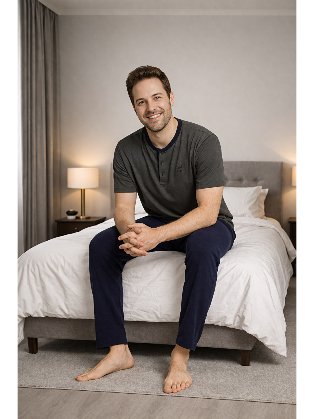 Gri Erkek %100 Doğal Pamuk Kısa Kollu Düğmeli Yüksek Kaliteli Pijama Takımı-3