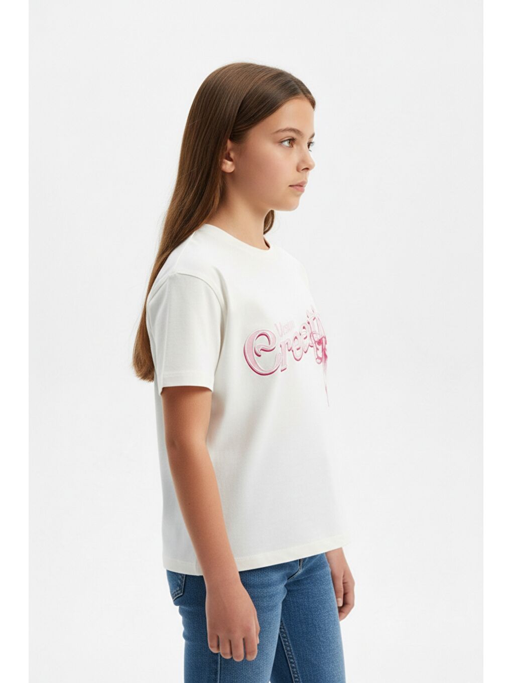 Ekru Kız Çocuk Bisiklet Yaka Kısa Kollu Baskılı Tişört 25010-1