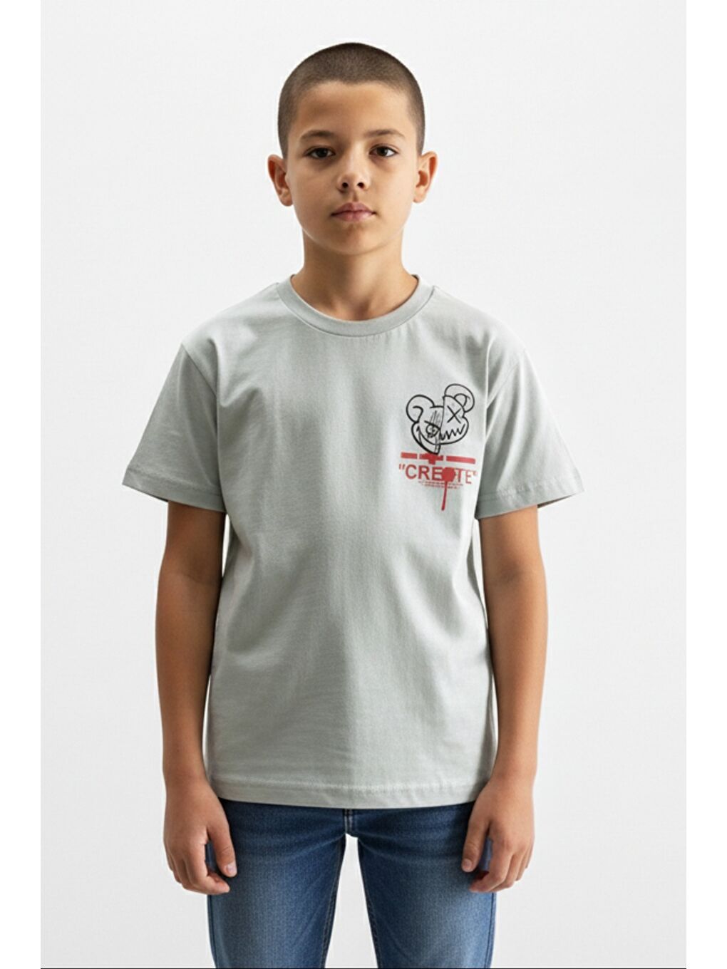Gri Erkek Çocuk Bisiklet Yaka Kısa Kollu Baskılı Tişört 24993