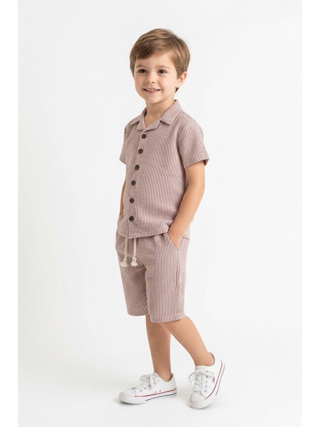 Kahverengi Bürümcük Gömlek Şort 2li Takım