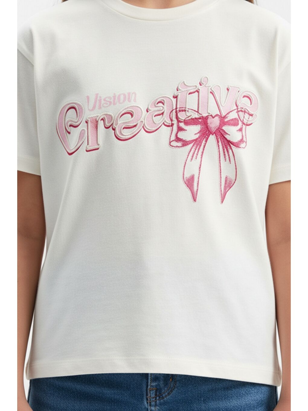 Ekru Kız Çocuk Bisiklet Yaka Kısa Kollu Baskılı Tişört 25010-4