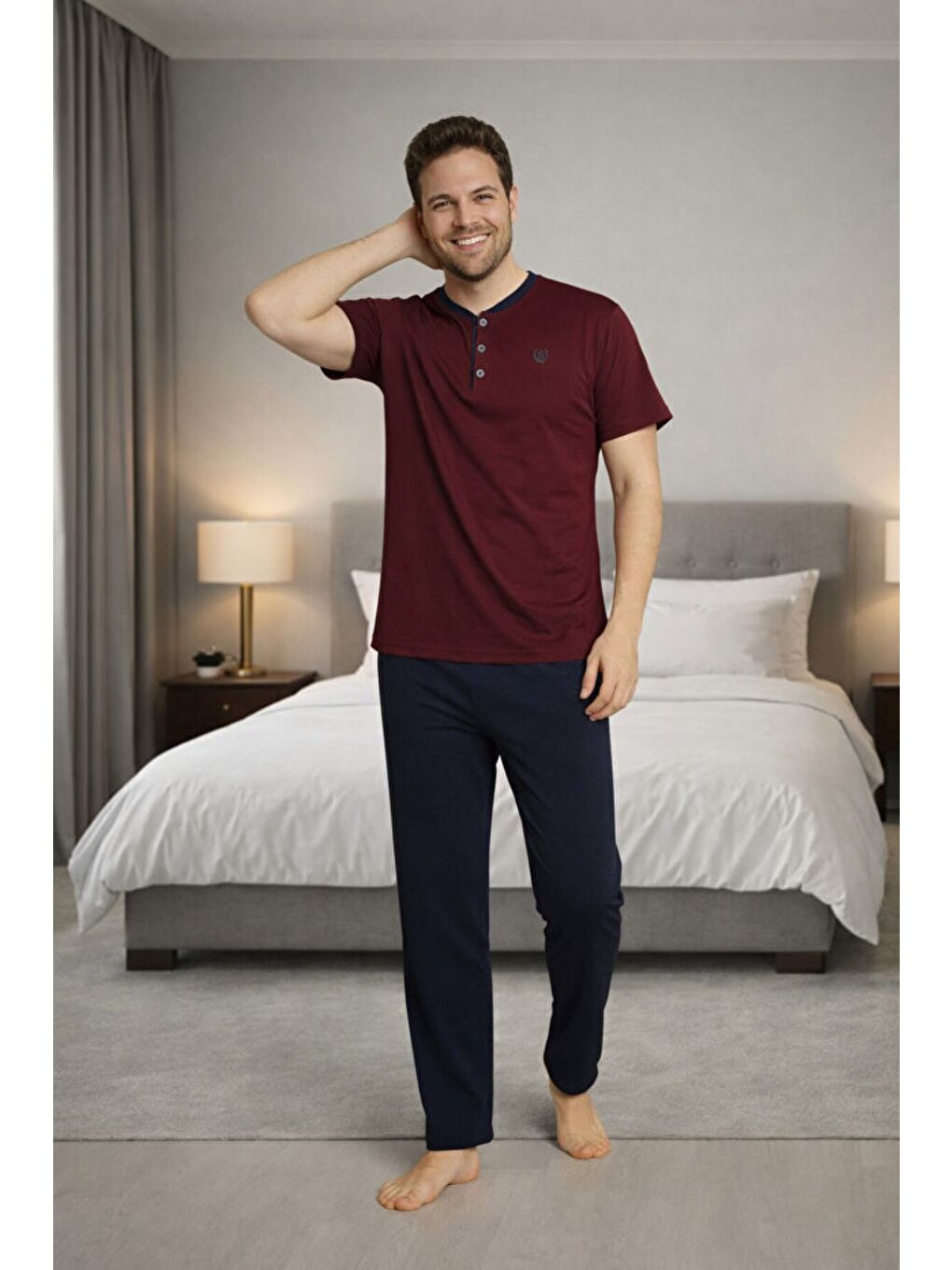 Bordo Erkek %100 Doğal Pamuk Kısa Kollu Düğmeli Yüksek Kaliteli Pijama Takımı-2