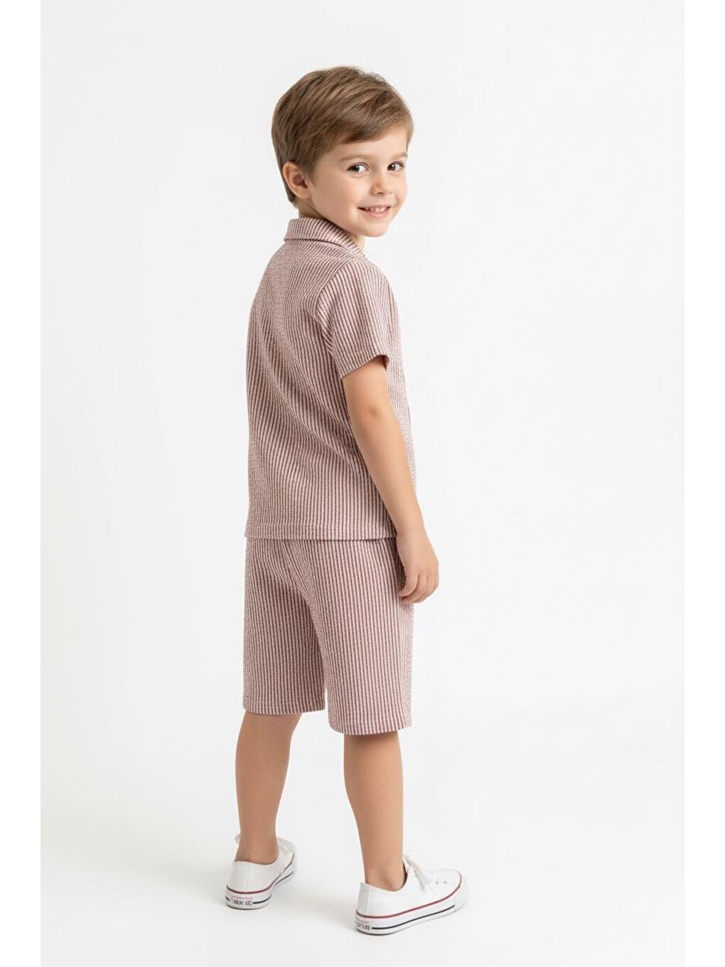 Kahverengi Bürümcük Gömlek Şort 2li Takım-1