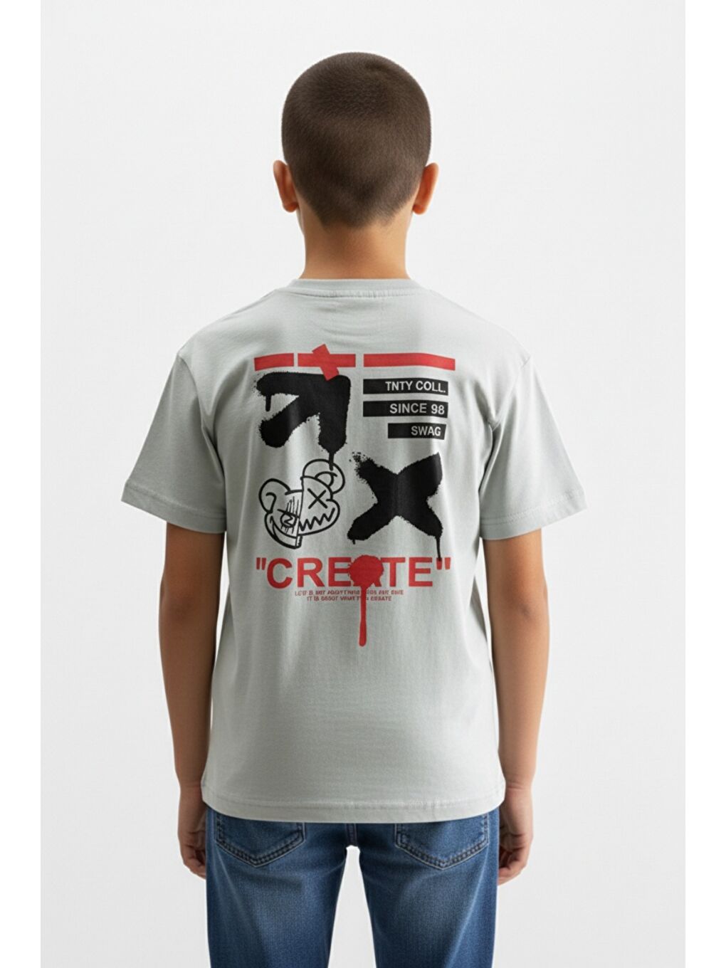 Gri Erkek Çocuk Bisiklet Yaka Kısa Kollu Baskılı Tişört 24993-3