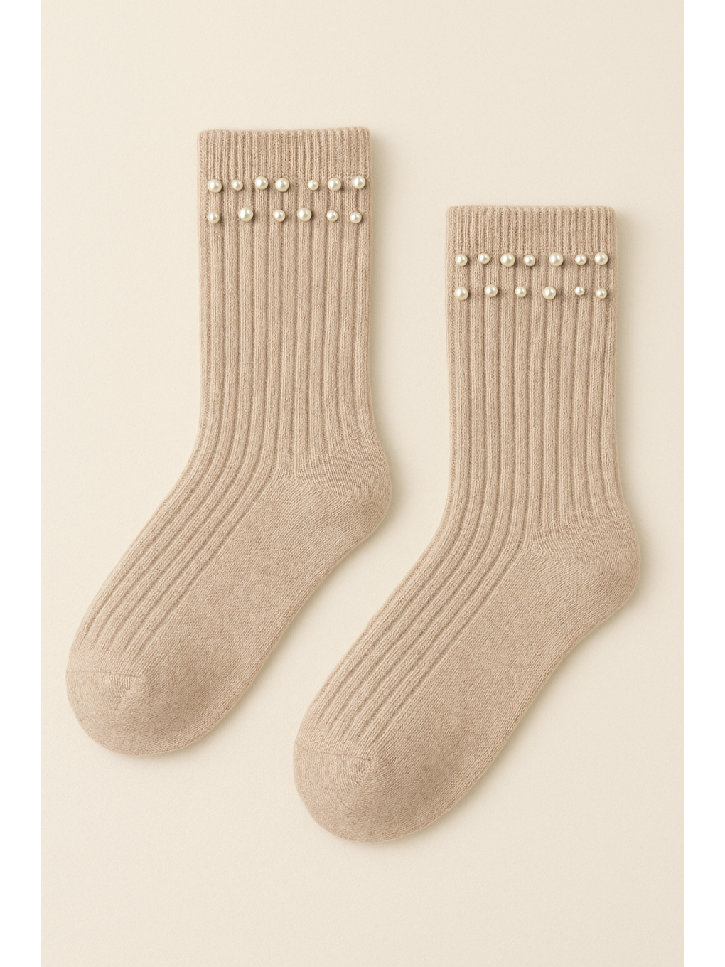 Kadın İnci Aksesuarlı Fitilli Soket Çorap Ekru