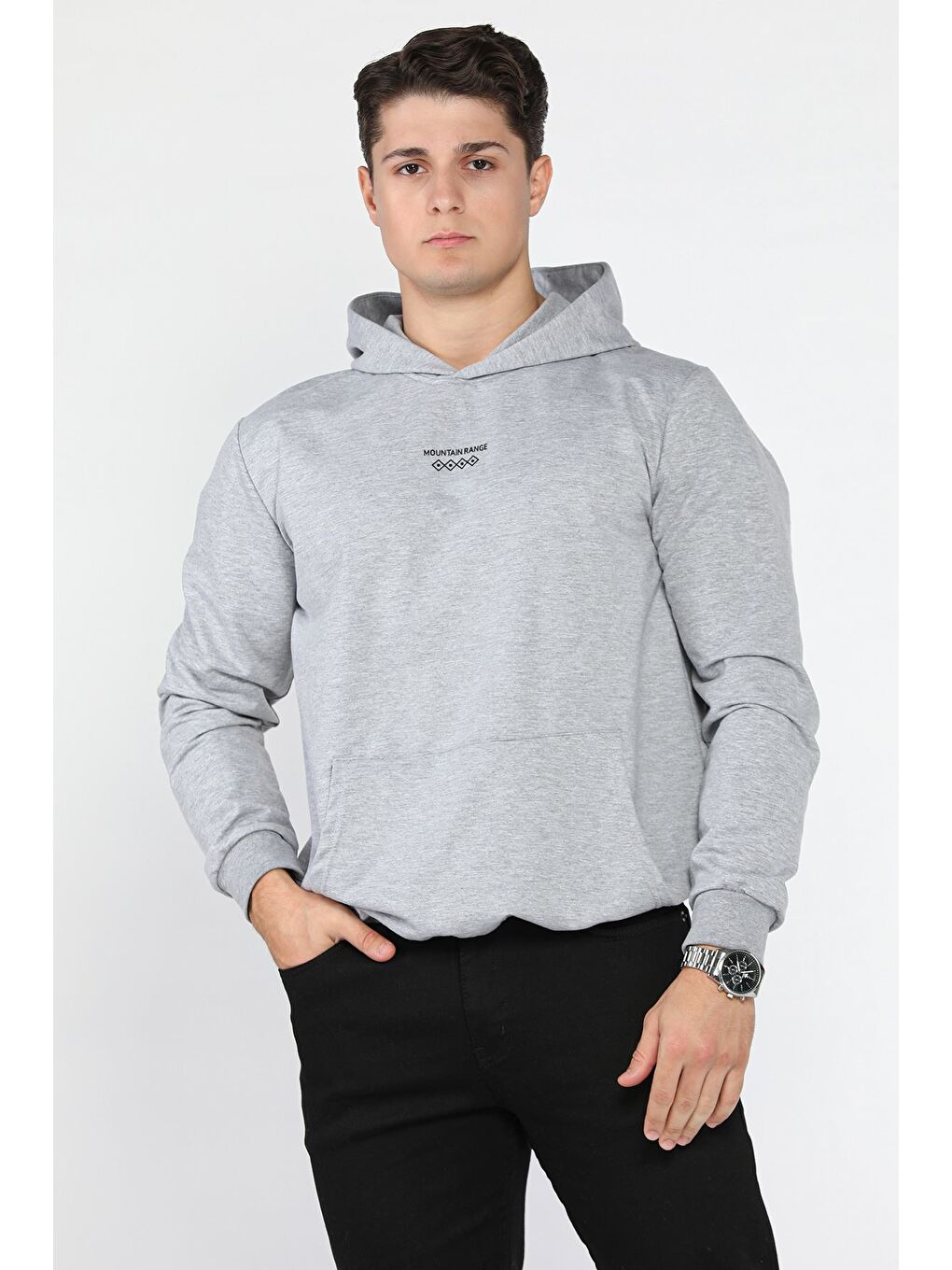 Gri Kanguru Cepli Kapüşonlu Erkek Sweatshirt