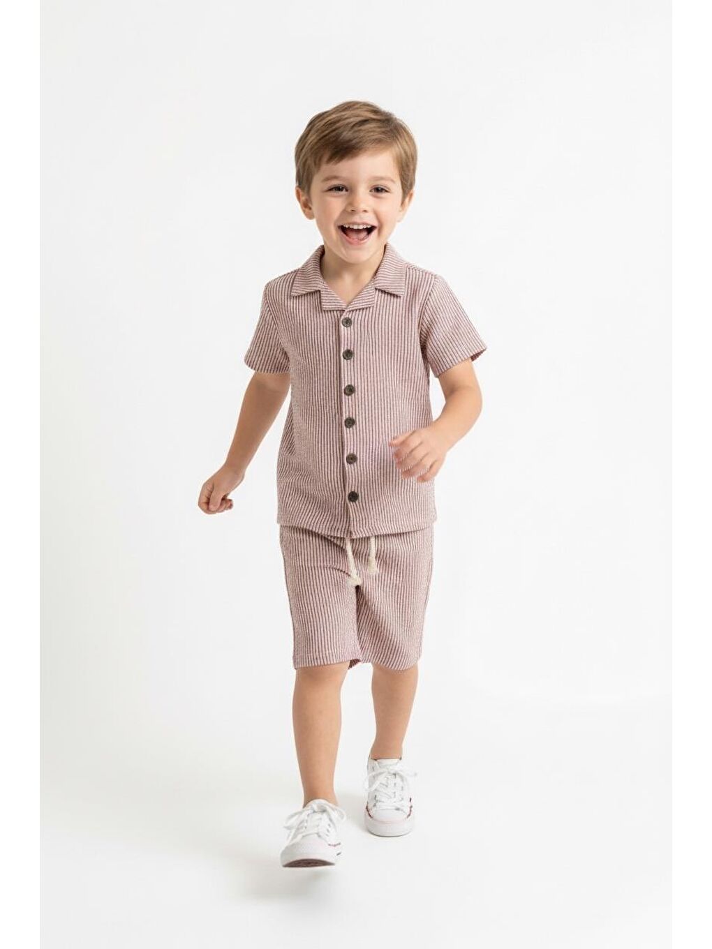 Kahverengi Bürümcük Gömlek Şort 2li Takım-2
