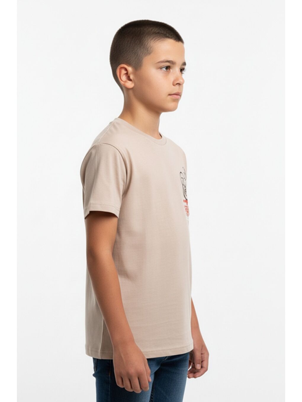 Bej Erkek Çocuk Bisiklet Yaka Kısa Kollu Baskılı Tişört 24993-1