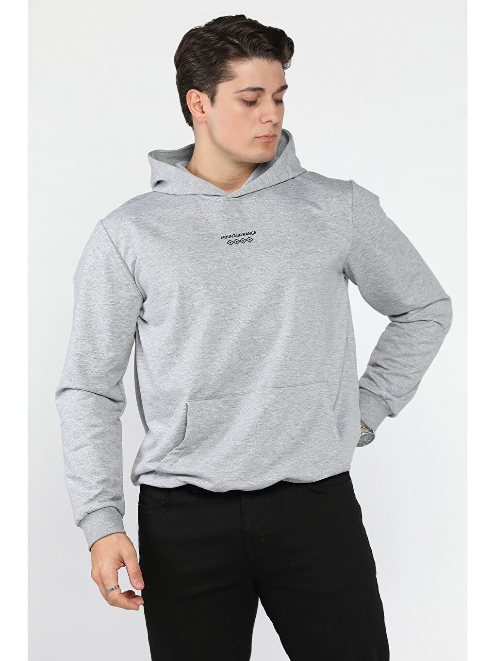 Gri Kanguru Cepli Kapüşonlu Erkek Sweatshirt-1