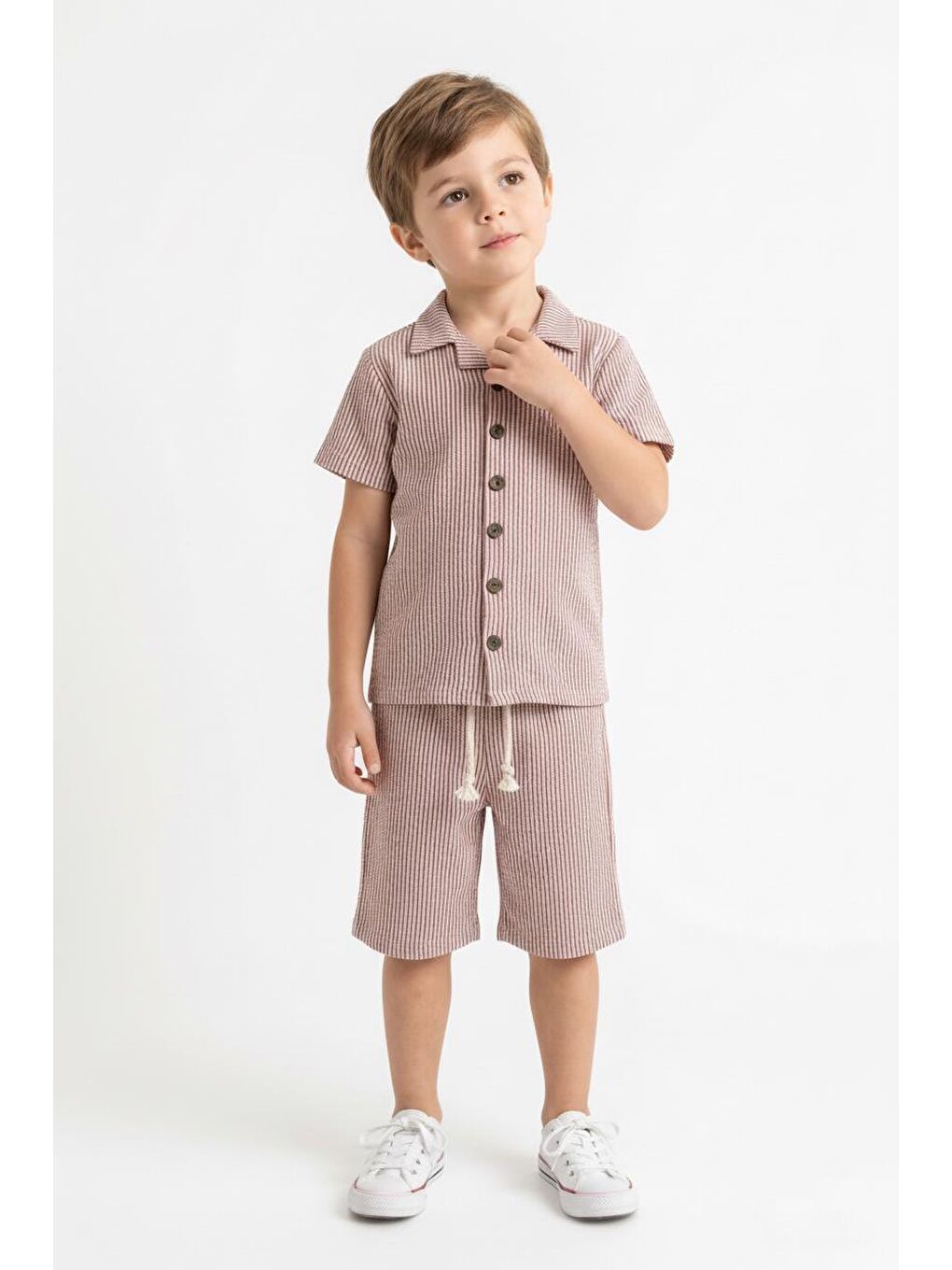 Kahverengi Bürümcük Gömlek Şort 2li Takım-3