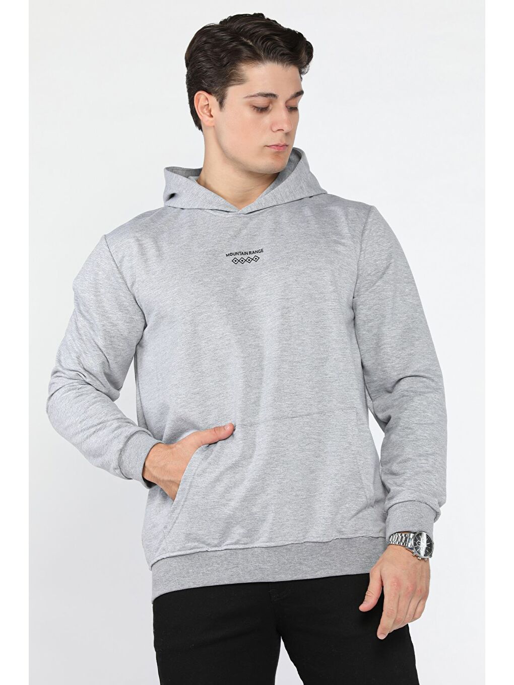 Gri Kanguru Cepli Kapüşonlu Erkek Sweatshirt-2