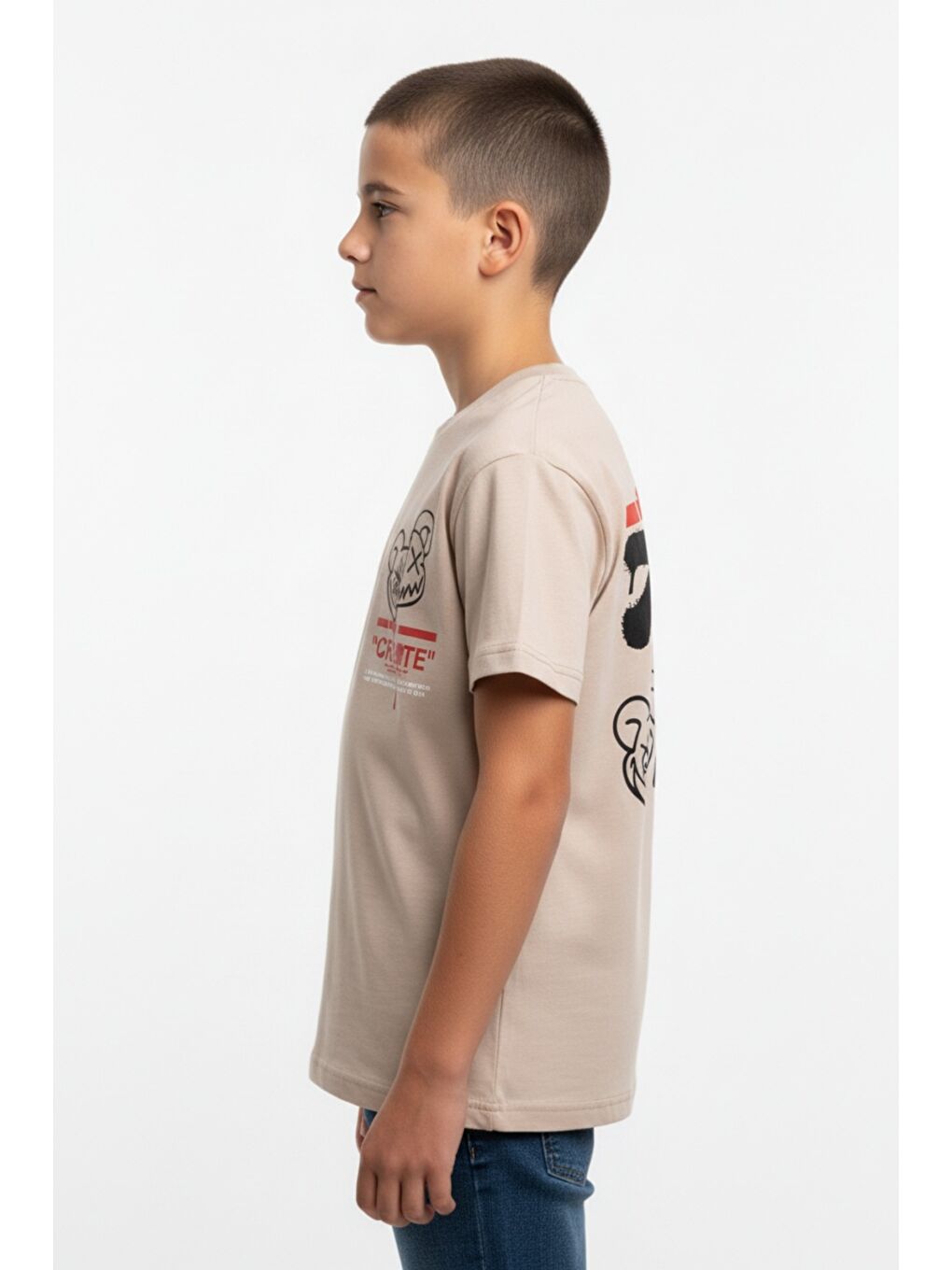 Bej Erkek Çocuk Bisiklet Yaka Kısa Kollu Baskılı Tişört 24993-2