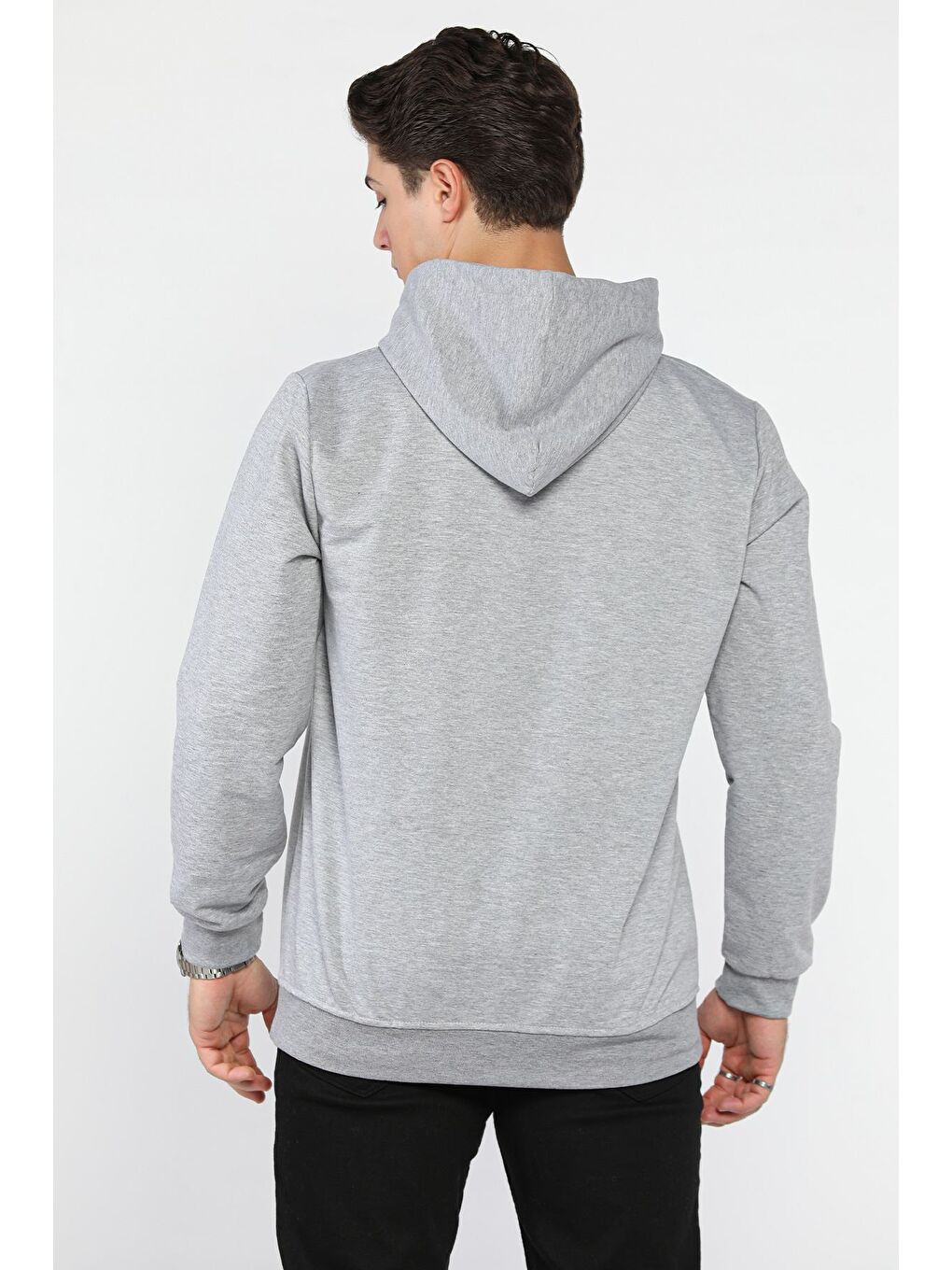 Gri Kanguru Cepli Kapüşonlu Erkek Sweatshirt-3