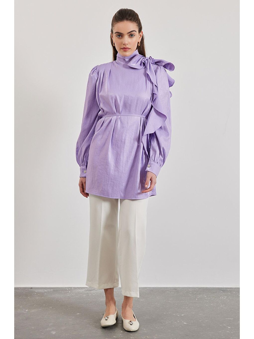 Drape Aksesuarlı Shine Tunik - Lila-1