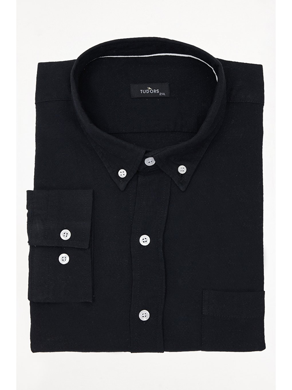 Erkek Big Size Büyük Beden Uzun Kollu %100 Pamuk Keten Doku Tek Cepli Siyah Düğmeli Yaka Gömlek