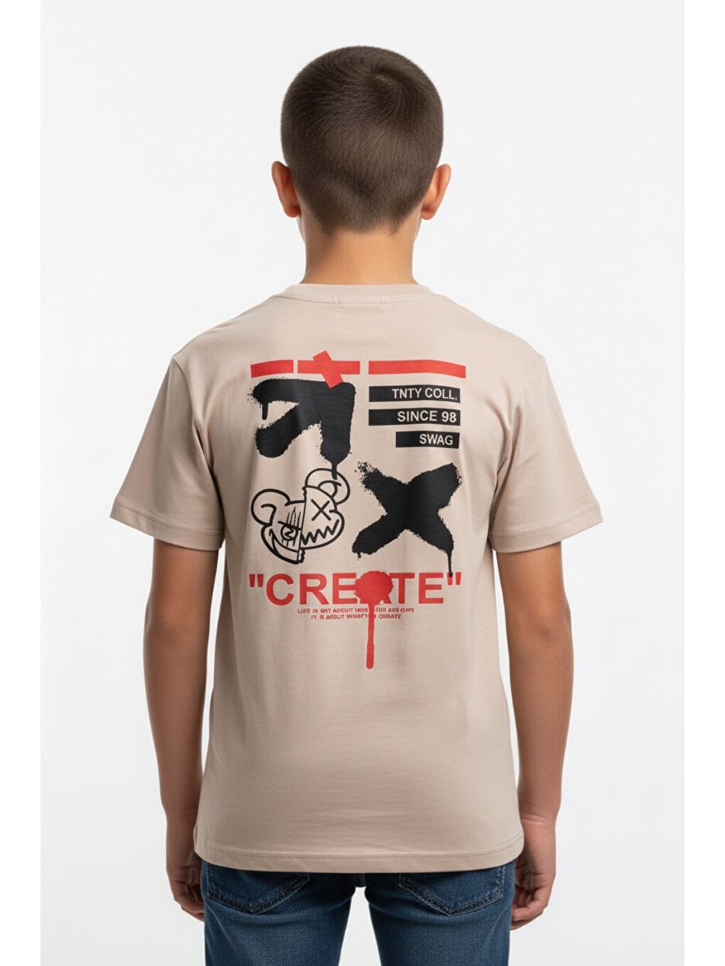 Bej Erkek Çocuk Bisiklet Yaka Kısa Kollu Baskılı Tişört 24993-4